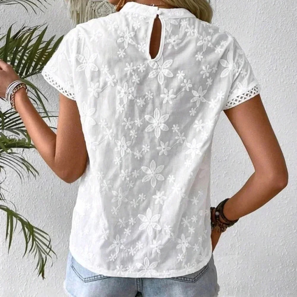 Women Summer Stand Collar Floral Jacquard Short Sleeve Loose Shirt - Picture 6 of 8
